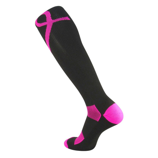 TCK® Elite Aware Knee High Socks: Black / Hot Pink, women’s knee high socks, breast cancer ribbon, moisture control, team socks