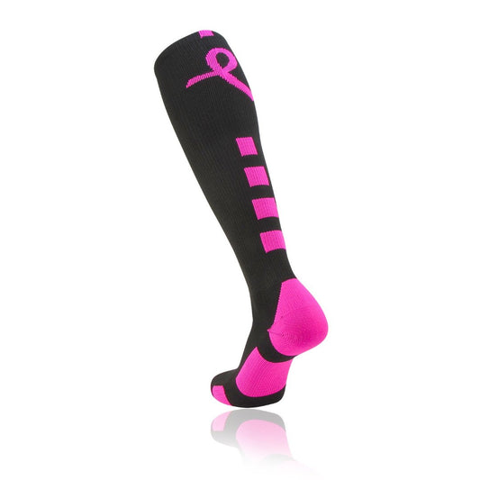 TCK® Baseline Elite Breast Cancer Aware Knee High Socks W/Stripe & Ribbon: Black / Hot Pink, women’s knee high socks, breast cancer ribbon, moisture control, team socks