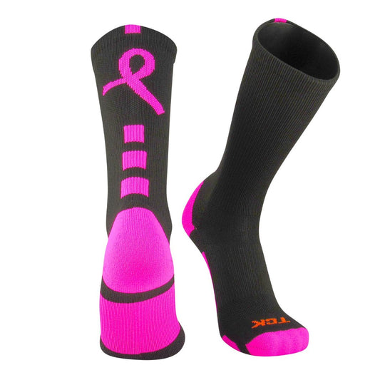TCK® Baseline Elite Breast Cancer Aware Crew Socks W/Stripe & Ribbon: Black / Hot Pink, women’s crew socks, breast cancer ribbon, moisture control, team socks