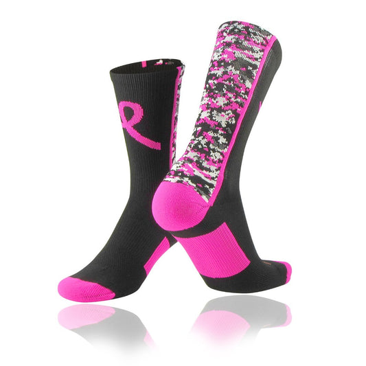 TCK® Digital Camo Elite Breast Cancer Aware Crew Socks women’s crew socks, breast cancer ribbon, moisture control, team socks, basketball, volleyball, athletic sock, sports, breathable, odor control, cushion, ribbon