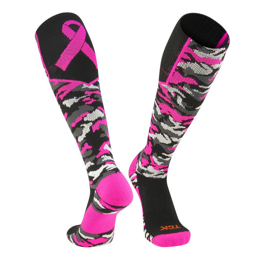 TCK® Woodland Camo Elite Breast Cancer Aware Knee High Socks: Black / Hot Pink, women’s knee high socks, breast cancer ribbon, moisture control, team socks