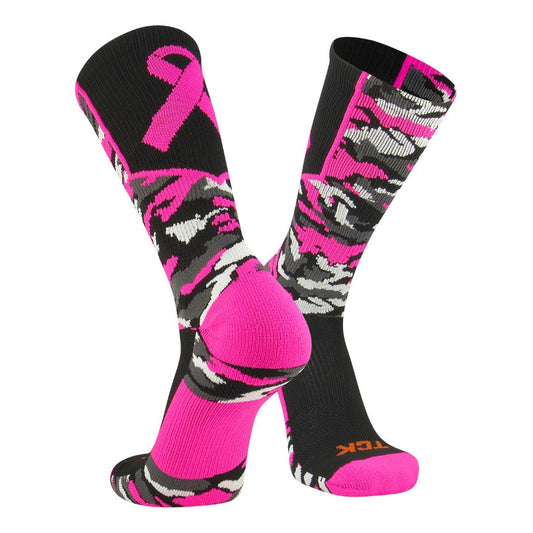 TCK® Woodland Camo Elite Breast Cancer Aware Crew Socks, women's crew socks, men’s crew socks, breast cancer ribbon, moisture control, team socks